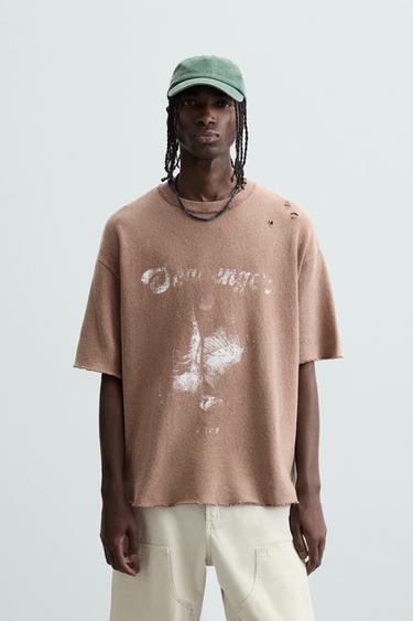 Zara CONTRAST PRINT KNIT T-SHIRT - Brick