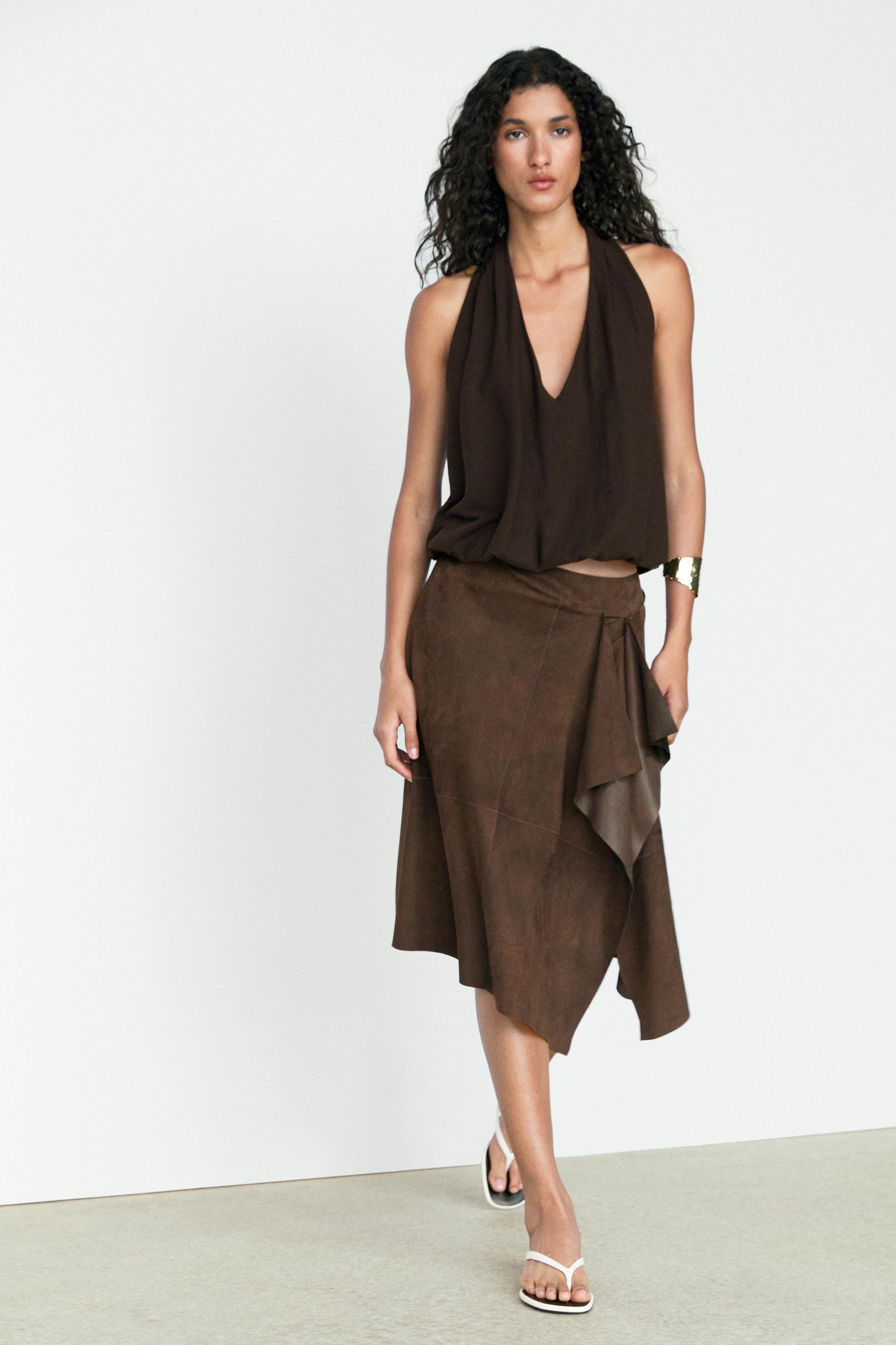 Suede leather midi skirt with ruffle detail - Brown | ZARA United