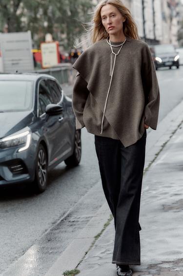 SHORT KNIT COAT WITH SCARF - Brown / Taupe by Zara