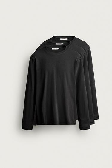 Zaras TREPACK BAS-T-SHIRTS SLIM-MODELL LÅNGÄRMAD - Svart