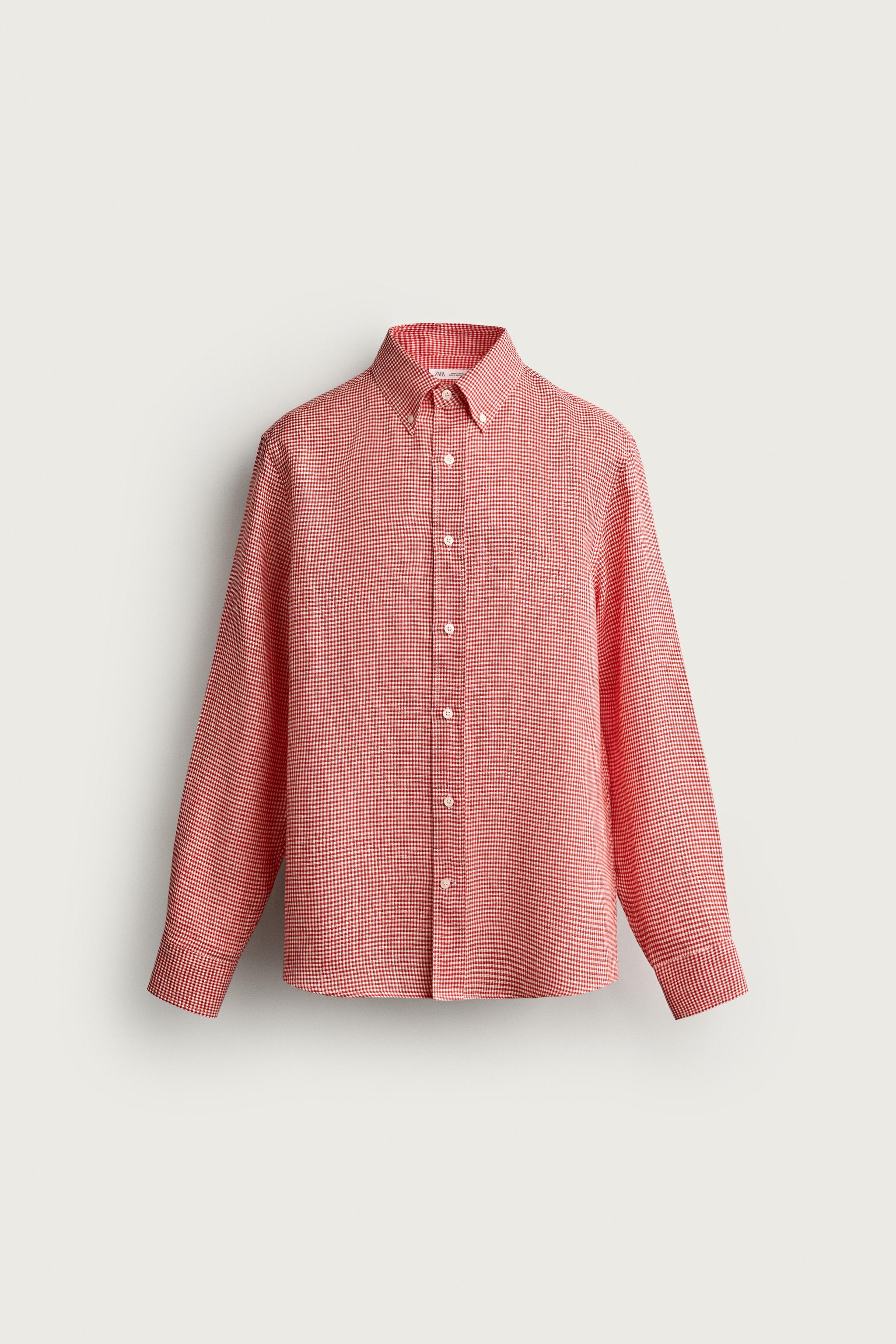 100% LINEN PLAID REGULAR FIT SHIRT — Red
