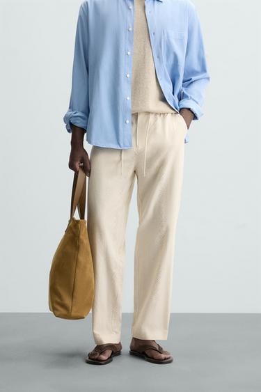 Zara COTTON - LINEN EMBROIDERED CUT-OUT PANTS - Light beige