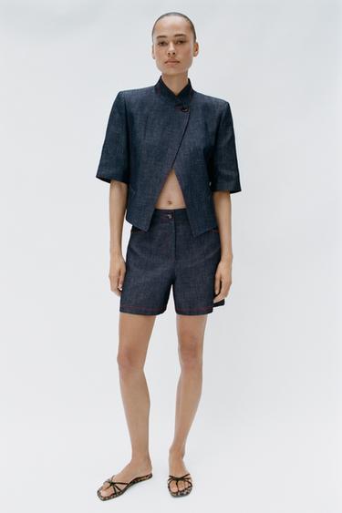 BERMUDA CON LINO PESPUNTES CONTRASTE - Índigo de Zara