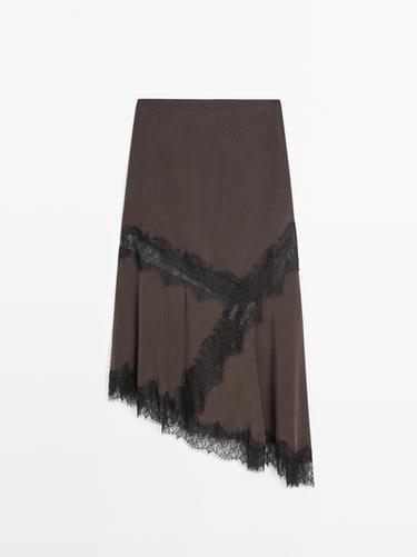 Zara Flowing asymmetric midi skirt with lace detail - Brown