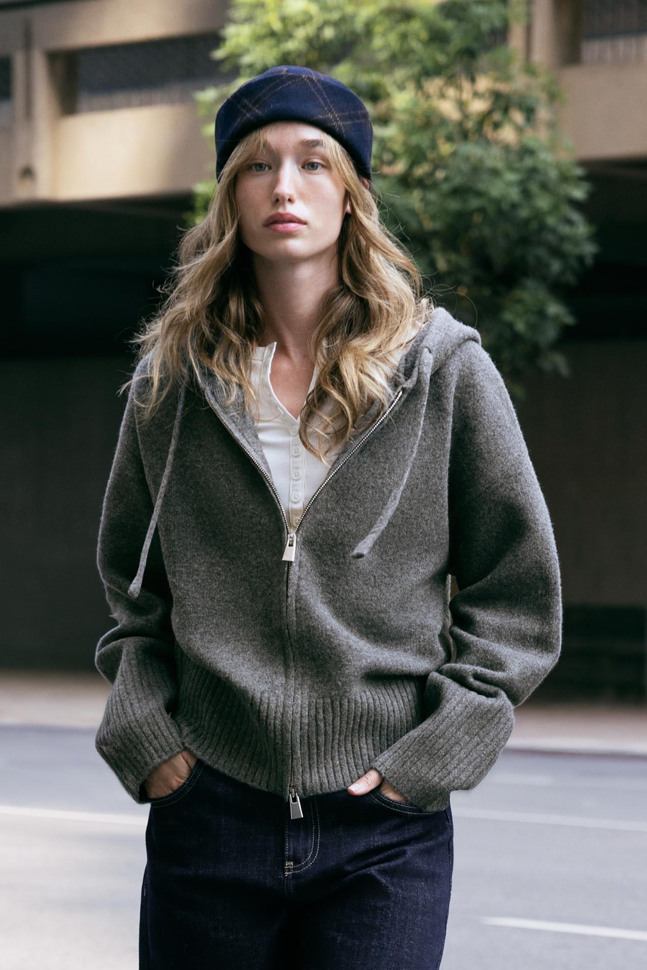 HOODED KNIT SWEATSHIRT — Mid-gray