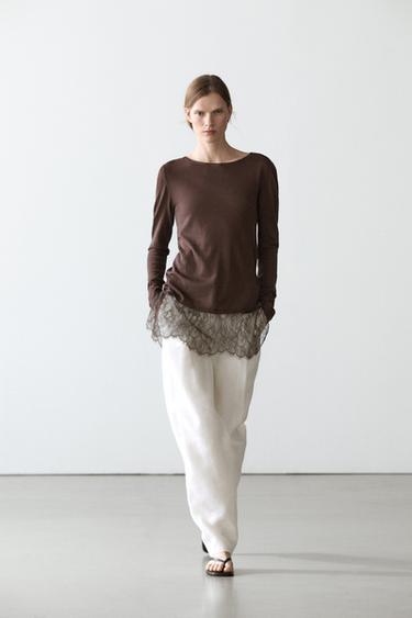Zara Long sleeve T-shirt with lace detail - Brown - Image 0
