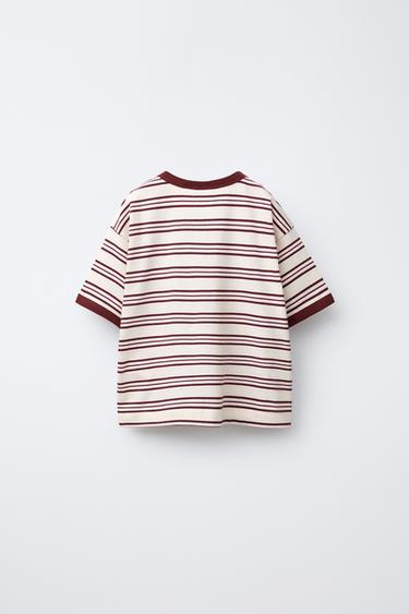 TIMELESZ - STRIPE T-SHIRT WITH CONTRAST TRIM - Ecru / Maroon by Zara - Image 1