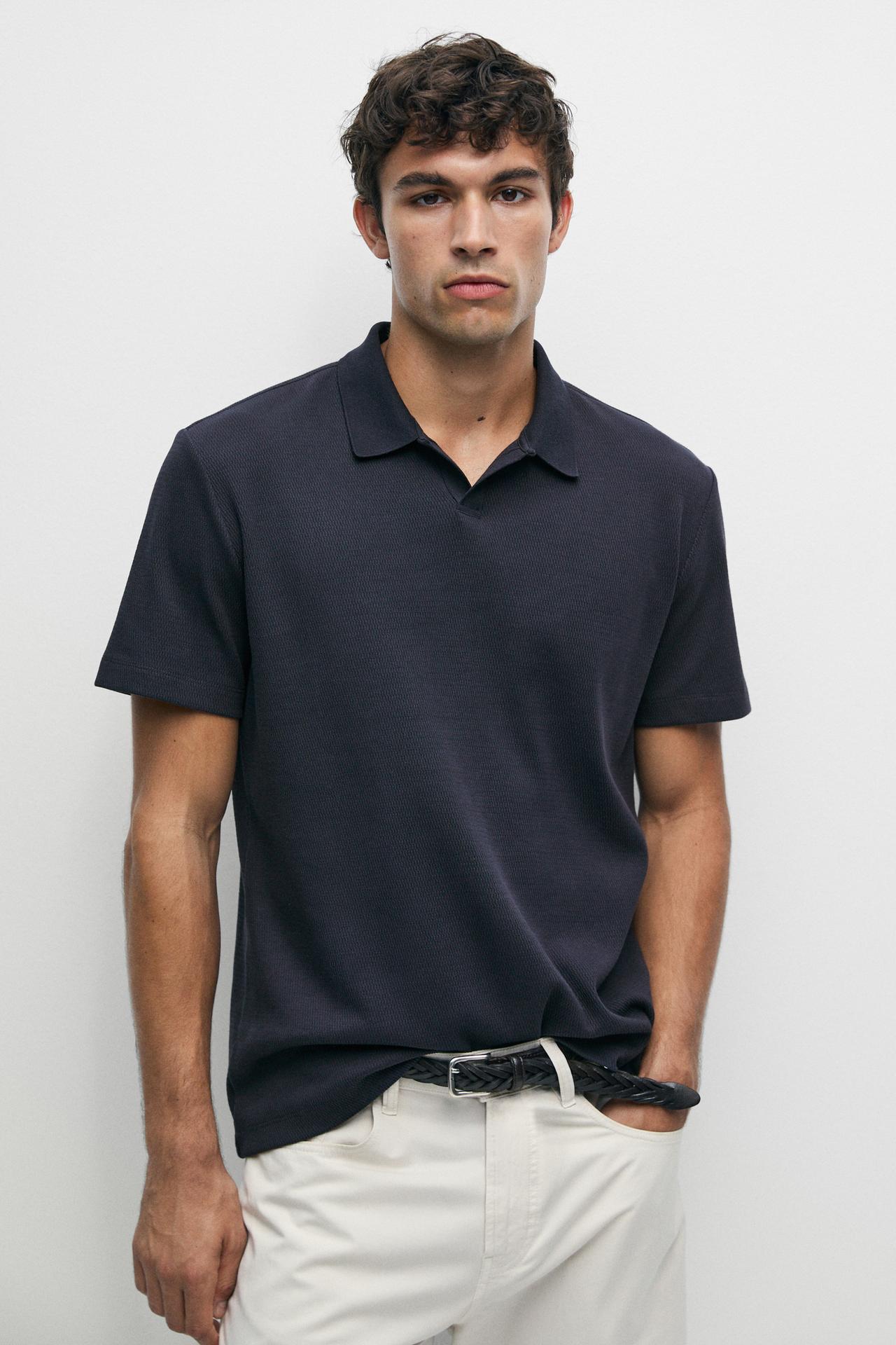 Textured 100% cotton polo shirt — Blue