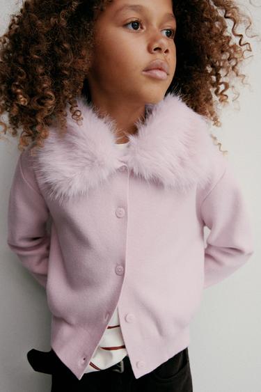 JAKET RAJUT KERAH EFEK BULU DAPAT DILEPAS - Pink dari Zara