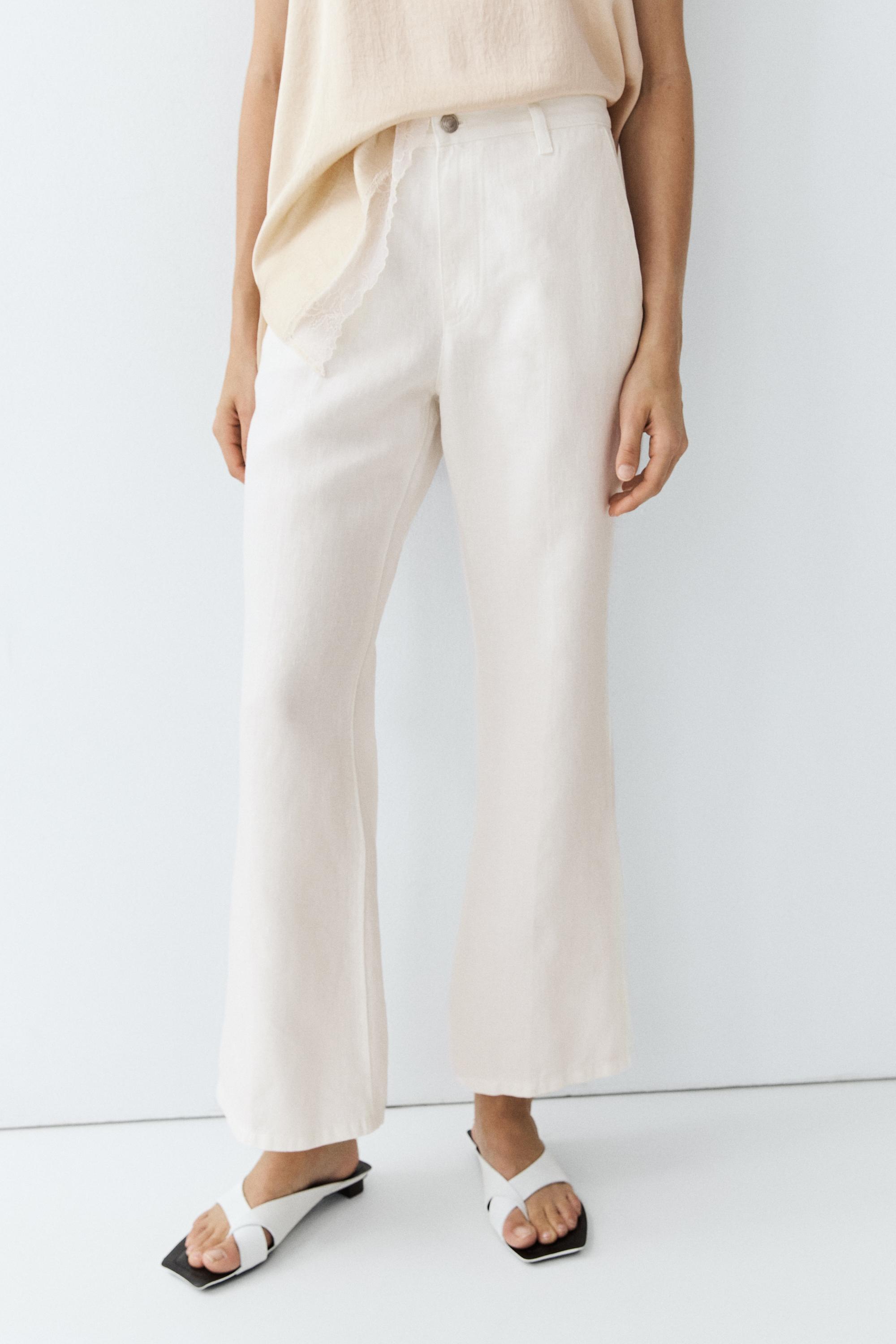 100% linen cropped flare fit pants — Oyster-white