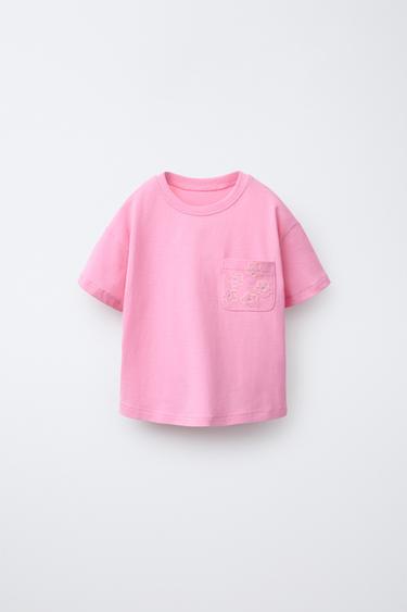 Zara EMBROIDERED POCKET T-SHIRT - Pink