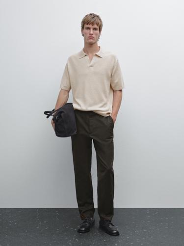 Zara Cotton and linen blend knit V-neck polo shirt - Beige - Image 0