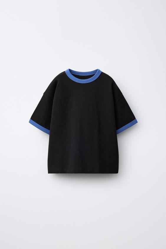 T-SHIRT WITH CONTRAST PIPING - Black by Zara - Image 0