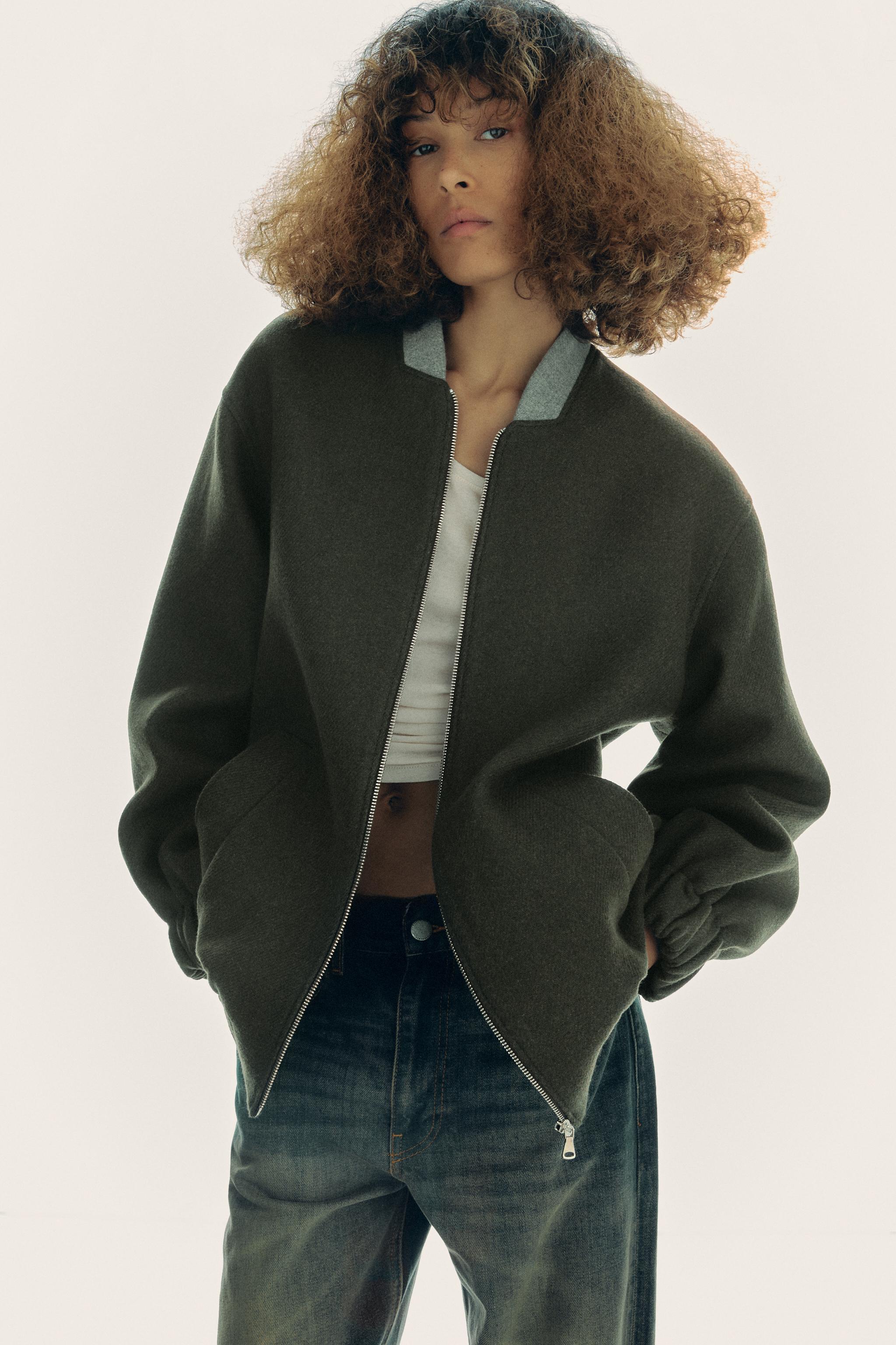WOOL-BLEND CONTRAST BOMBER JACKET - Khaki | ZARA New Zealand