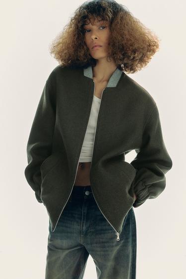 CAZADORA BOMBER COMBINADA CON LANA - Khaki de Zara