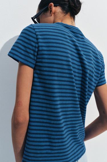 STRIPED COTTON AND LINEN T-SHIRT - Blue / Indigo by Zara - Image 2