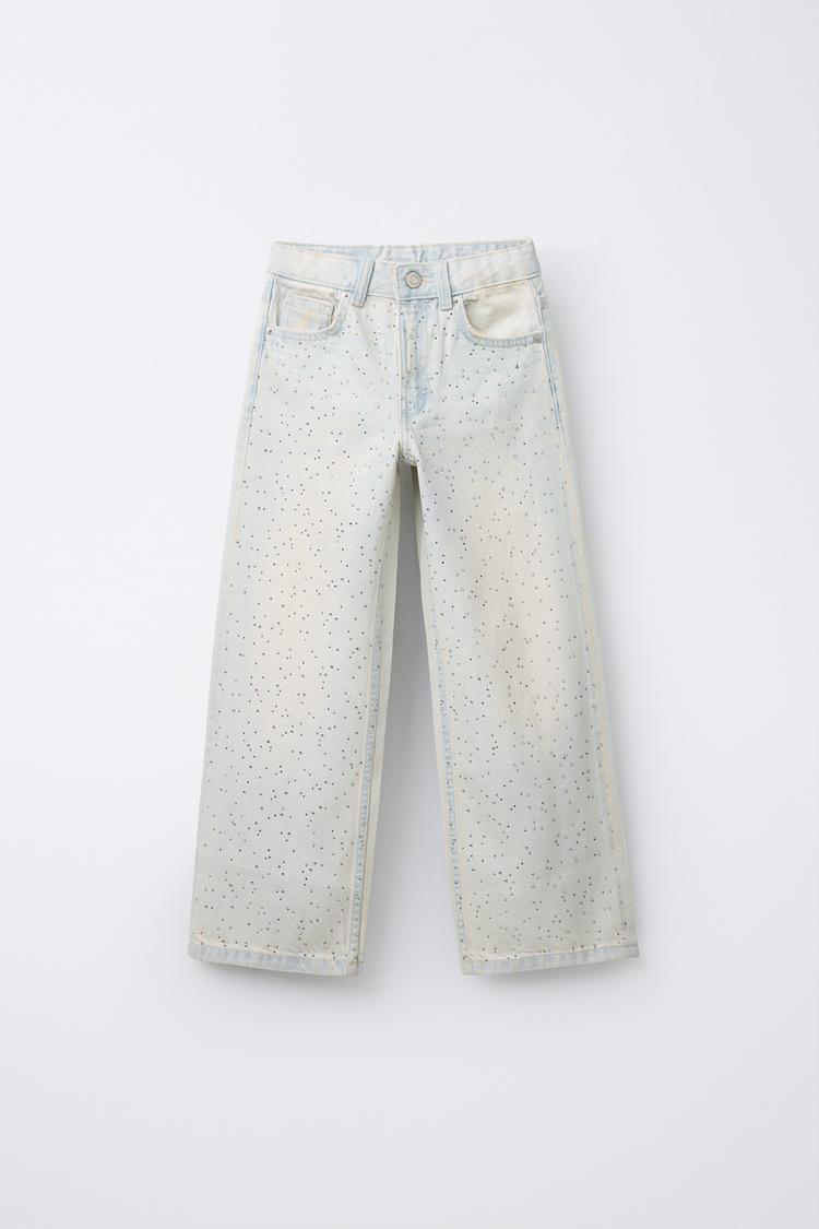ラインストーン付きワイドレッグデニムパンツ - ブルー | ZARA Japan  