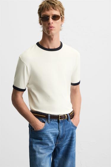 Zara BASIC CONTRAST RIB T-SHIRT - Oyster-white