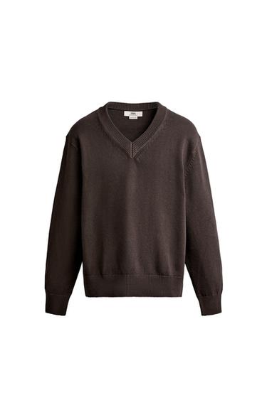 Zara REGULAR FIT V-NECK SWEATER - Chocolate