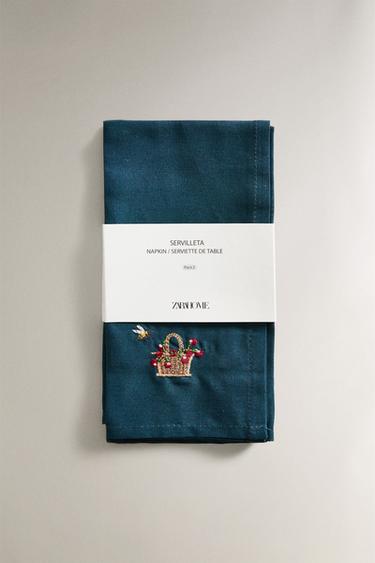 LOT SERVIETTES DE TABLE COTON BRODERIES (LOT DE 2) - Bleu de Zara - Image 4