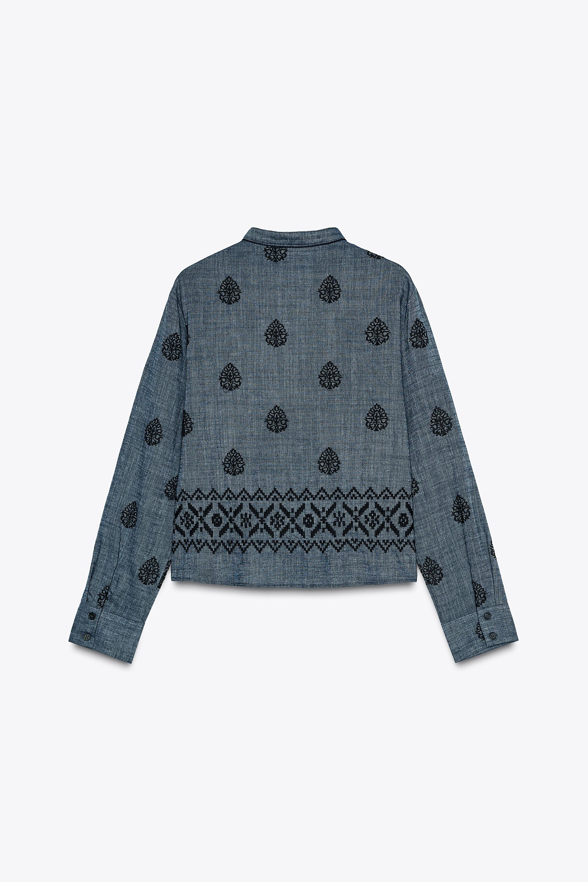 ポンポン付き刺繍トップス - ブルー | ZARA Japan / 日本