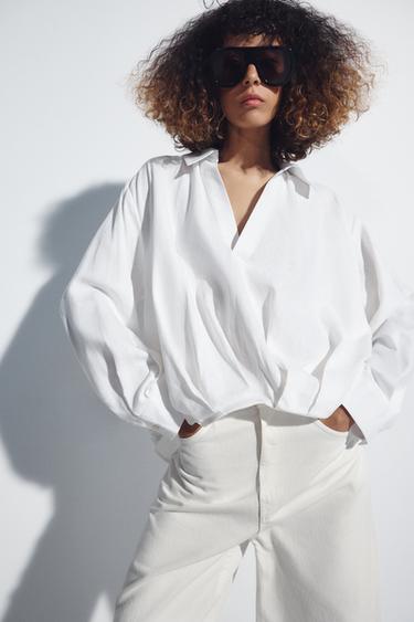 Zara LINEN BLEND PUFF HEM SHIRT - White
