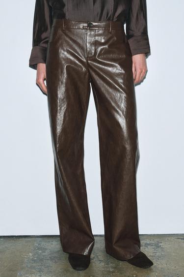 Zara ZW COLLECTION FAUX LEATHER STRAIGHT LEG PANTS - Brown