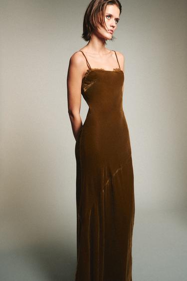 LONG DRAPED VELVET DRESS - Ochre by Zara