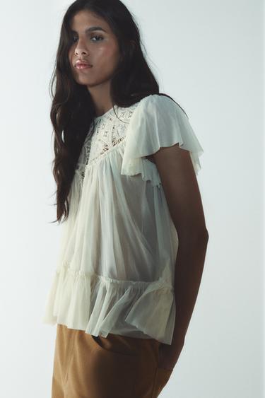 EMBROIDERED FLOWING TOP - Vanilla by Zara