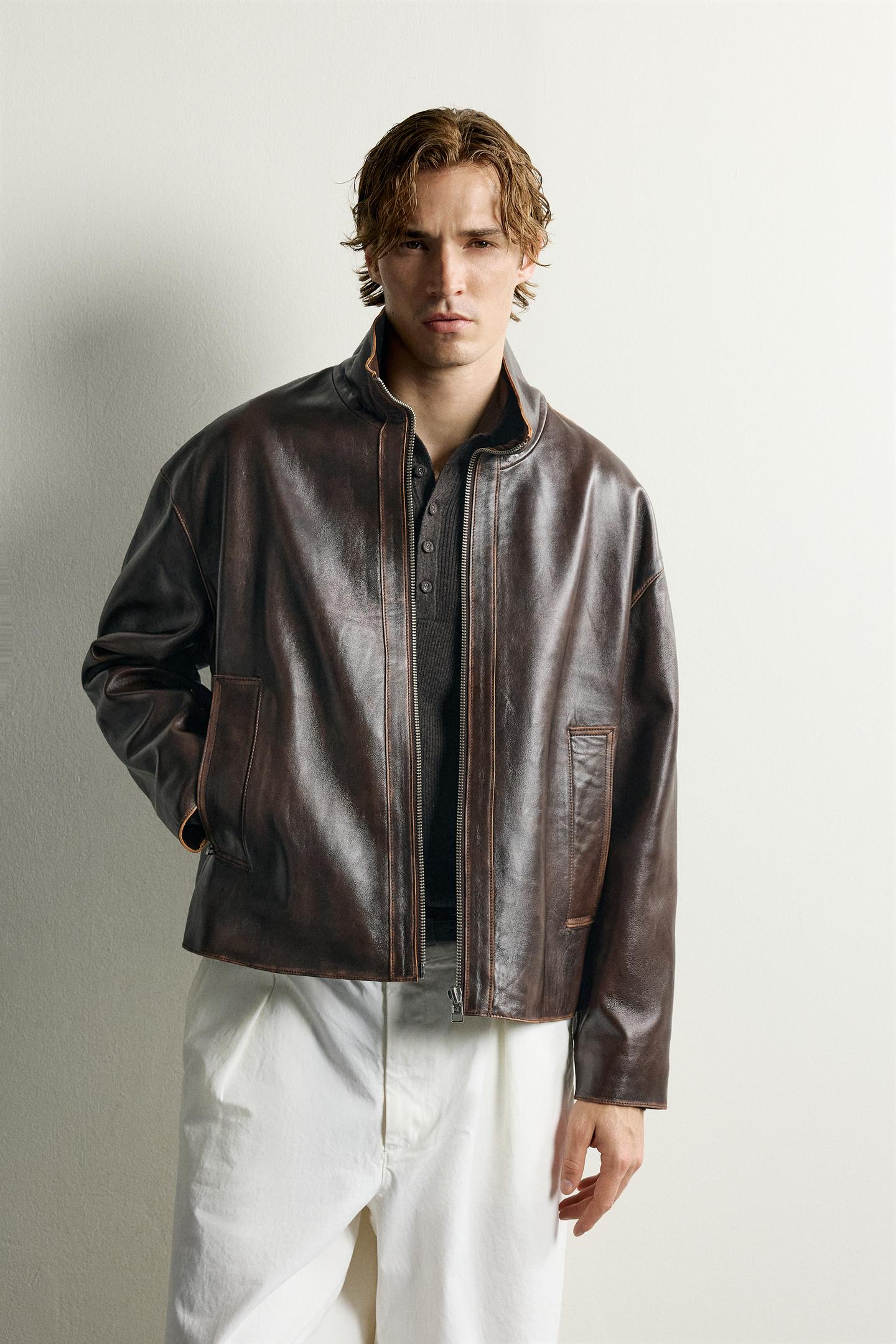 Мужская куртка Zara Vintage Effect Leather, цвет: Коричневый — фото 2
