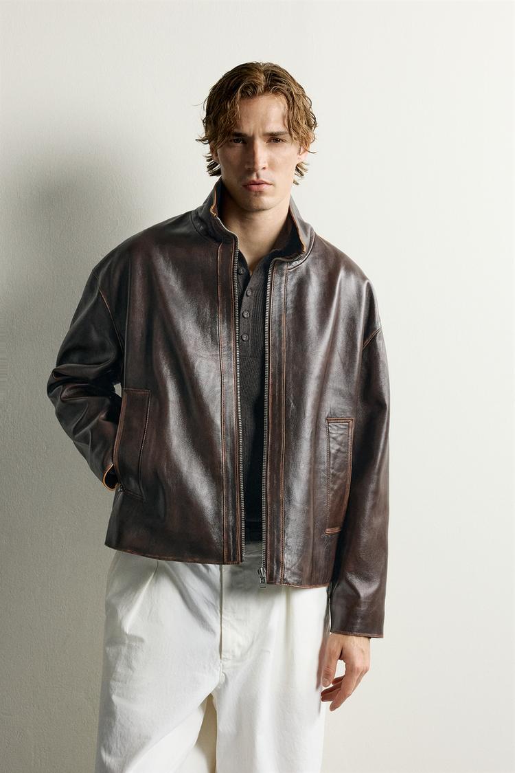 VINTAGE EFFECT LEATHER JACKET — Brown