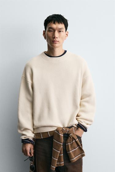 Zara COTTON TEXTURE SWEATER - Ecru