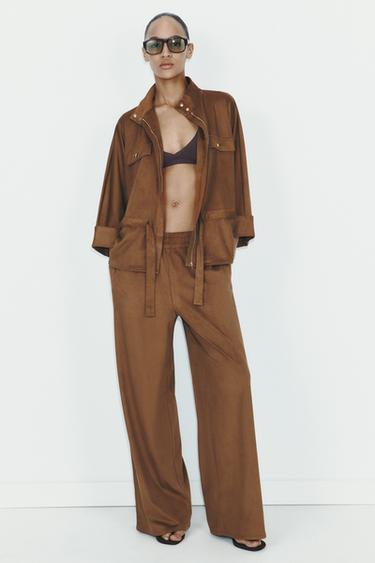 PANTALÓN ANCHO EFECTO ANTE - Marrón claro de Zara