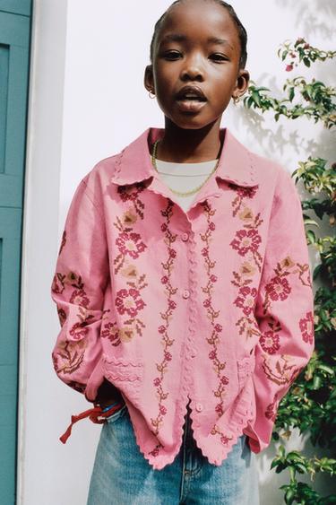 SOBRECAMISA BORDADOS PUNTO DE CRUZ ALGODÓN LINO - Rosa tiza de Zara