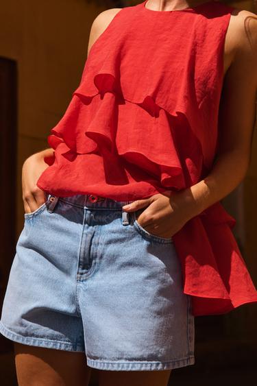 Zara Z1975 MOM FIT MID-RISE SHORTS - Light blue