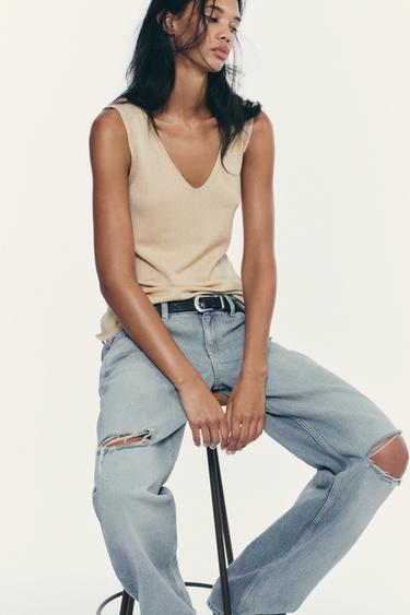 TOP I STRIK UDEN ÆRMER - Beige fra Zara
