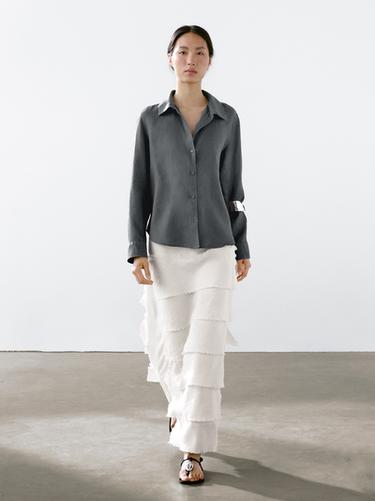 Zara 100% linen open collar shirt - Dark green - Image 0