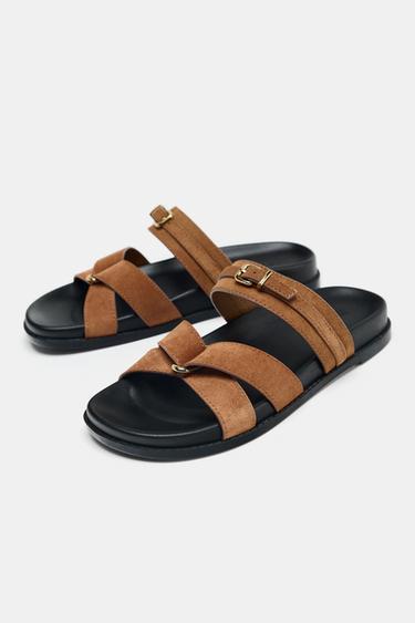 SPLIT SUEDE CROSS STRAP SANDALS - Dark tan by Zara - Image 3