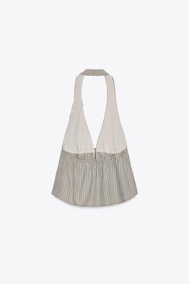 STRIPED POPLIN HALTER TOP - Brown / Green by Zara - Image 5