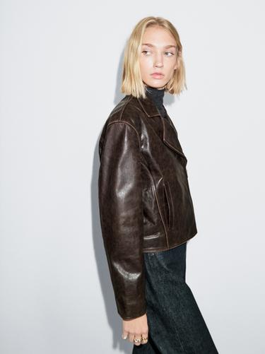 Zara Nappa leather biker jacket - Brown - Image 0