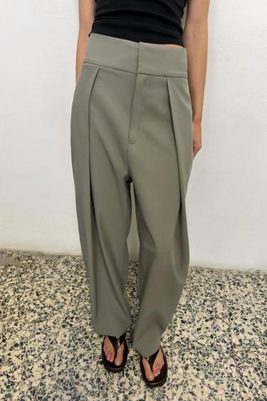 PANTALON BALLON À PLIS - Vert gris de Zara