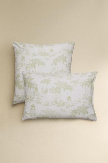 TOILE DE JOUY PALM TREE SATEEN PILLOWCASE - Green by Zara