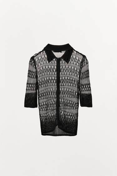 OPEN KNIT POLO TOP - Black by Zara - Image 4