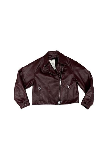 Burgundy faux leather cropped jacket with zipper closure and front pockets. White background.