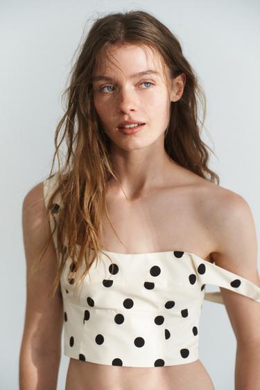 Zara POLKA DOT CROP TOP - Ecru / Black