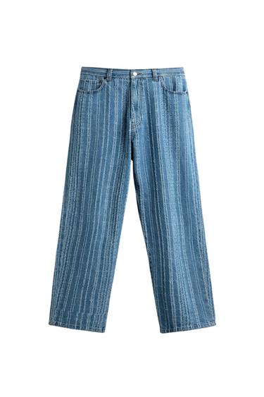 Zara TEXTURED STRIPED JEANS - Blue - Image 0