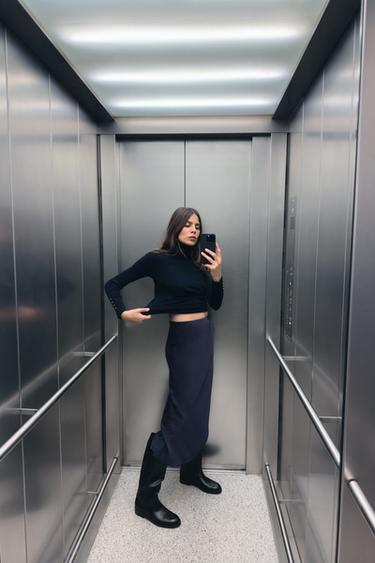 SATIN MIDI SKIRT - Navy blue by Zara