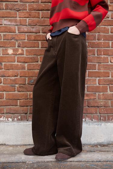 ZW 컬렉션 코듀로이 와이드 레그 팬츠 - Zara 브라운 / 토프