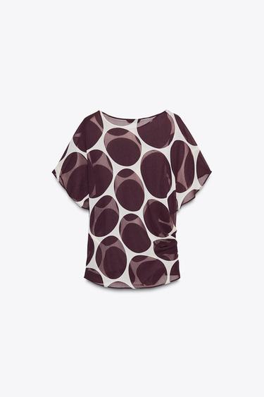 SHEER POLKA DOT TOP - Ecru / Maroon by Zara - Image 8