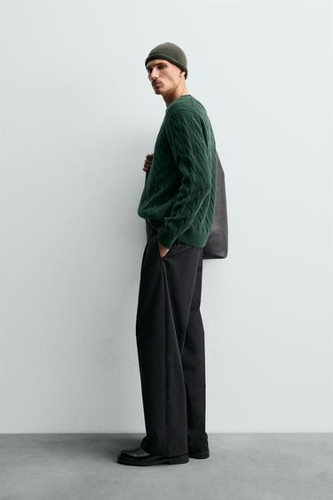 100% WOOL CABLE-KNIT JUMPER - Dark bottle green by Zara - Image 3